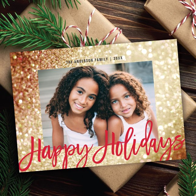 Glam Gold Glitter Red Script Christmas Photo Holiday Card (Creator Uploaded)