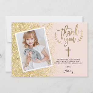 Glam gold glitter thank you first communion photo card