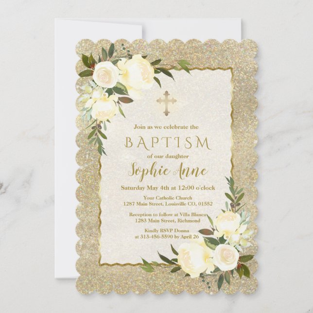 Glam Gold Glitter White Floral Gold Cross Baptism Invitation (Front)