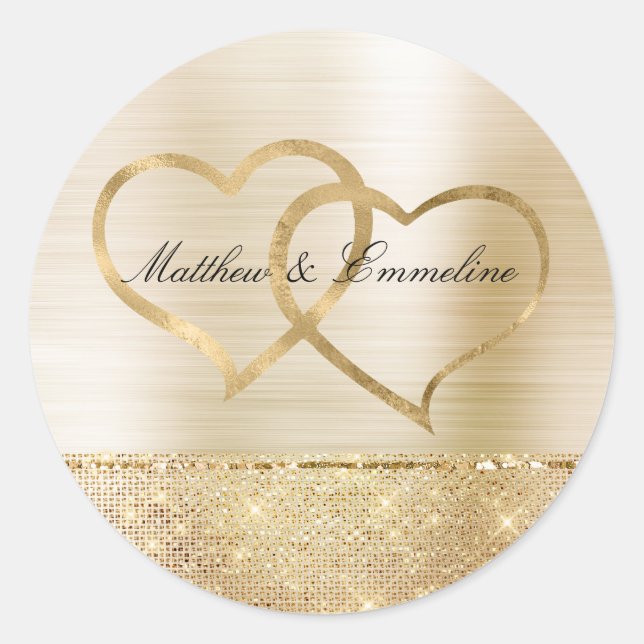 Glam Gold Glitz Sparkle Hearts Wedding       Classic Round Sticker (Front)
