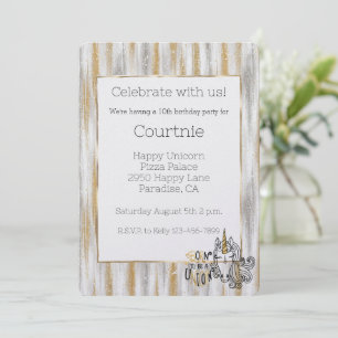 Glam Gold Glitzy Glitter Silver Unicorn Birthday Invitation