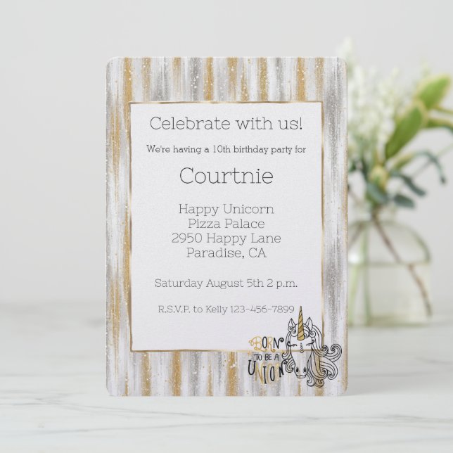 Glam Gold Glitzy Glitter Silver Unicorn Birthday Invitation (Standing Front)