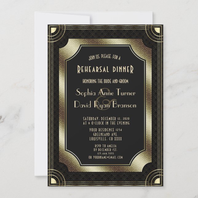 Glam Gold Great Gatsby Art Deco Rehearsal Dinner Invitation (Front)
