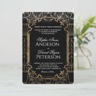 Glam Gold Great Gatsby Black Art Deco 20s Wedding Invitation