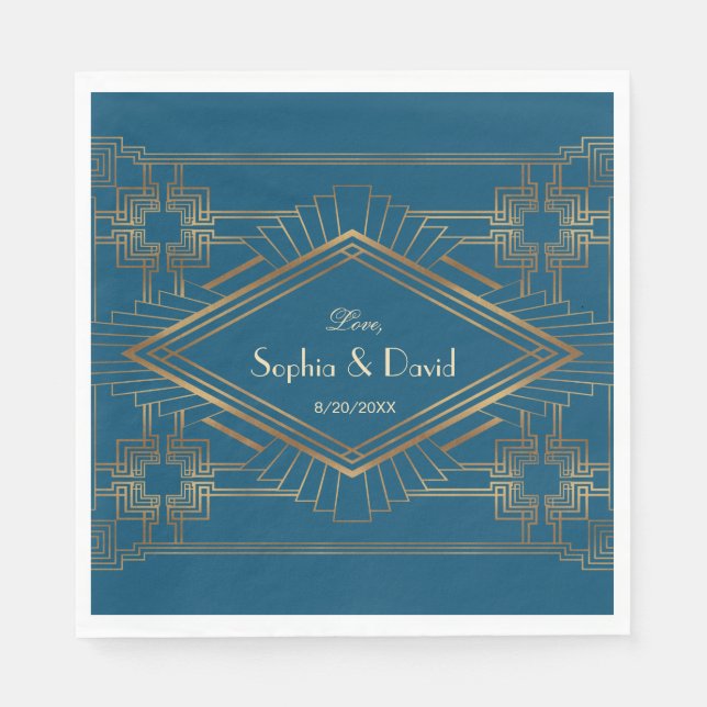 Glam Gold Great Gatsby Ocean Blue Wedding Napkin (Front)