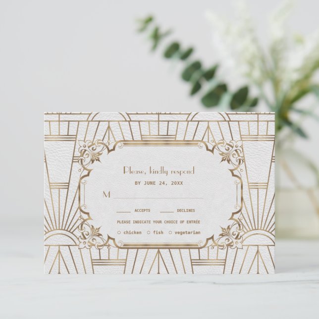 Glam Gold Great Gatsby White Art Deco 20s Wedding RSVP Card (Standing Front)