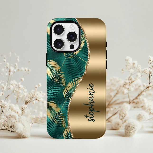 Glam Gold Green Tropical Foliage Pattern Name Case-Mate iPhone Case (Creator Uploaded)