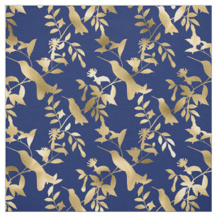 Glam Gold Hummingbirds Navy Blue Graphic Fabric