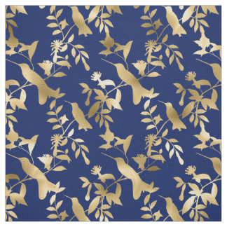 Glam Gold Hummingbirds Navy Blue Graphic Fabric