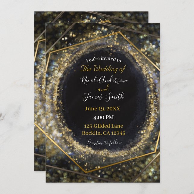 Glam Gold Iridescent Modern Abstract Glam Wedding Invitation (Front/Back)