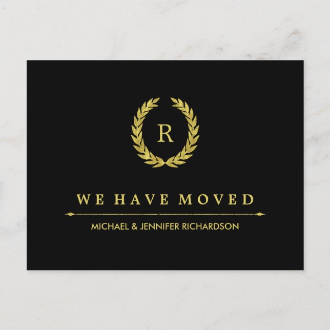 Glam Gold Laurel Wreath on Black Change of Address Announcement Postcard (Front)