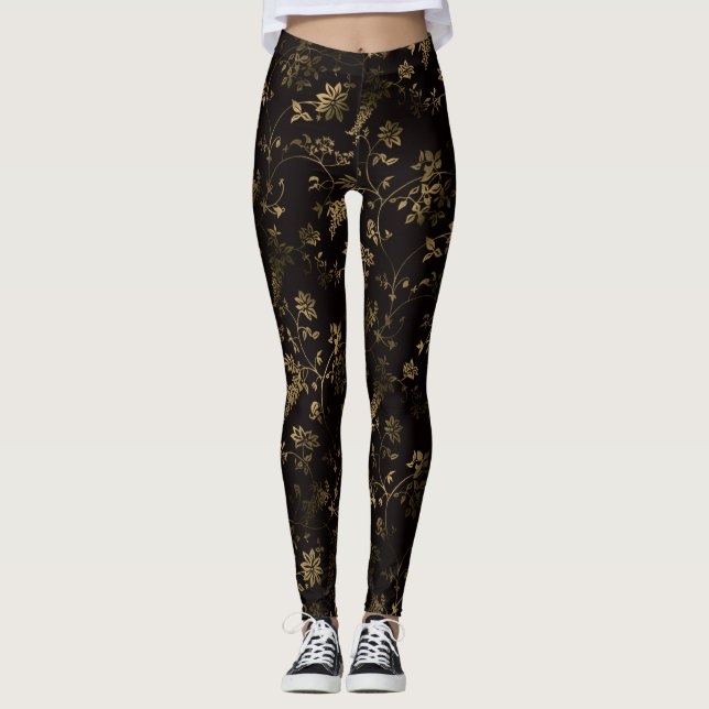 Glam gold leaves pattern brown leggings (Front)