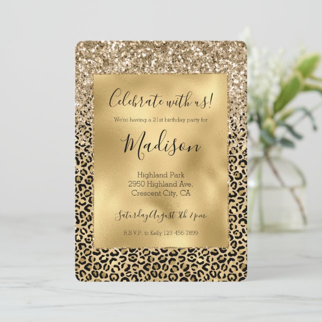  Glam Gold Leopard Print Glitter sparkle  Invitation (Standing Front)