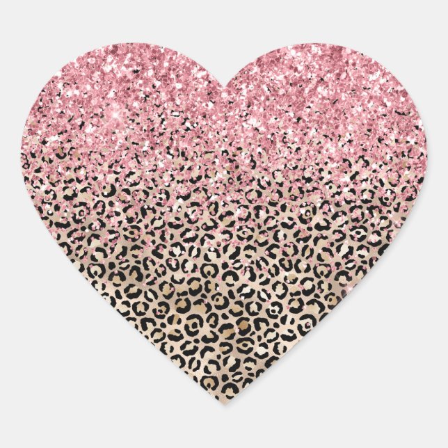 Glam Gold Leopard Print Glitzy Pink Glitter Heart Sticker (Front)