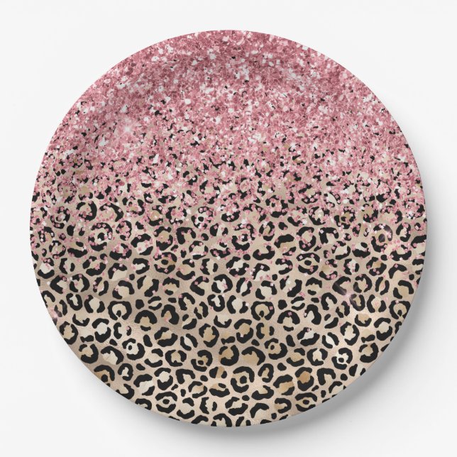 Glam Gold Leopard Print Glitzy Pink Glitter Paper Plate (Front)