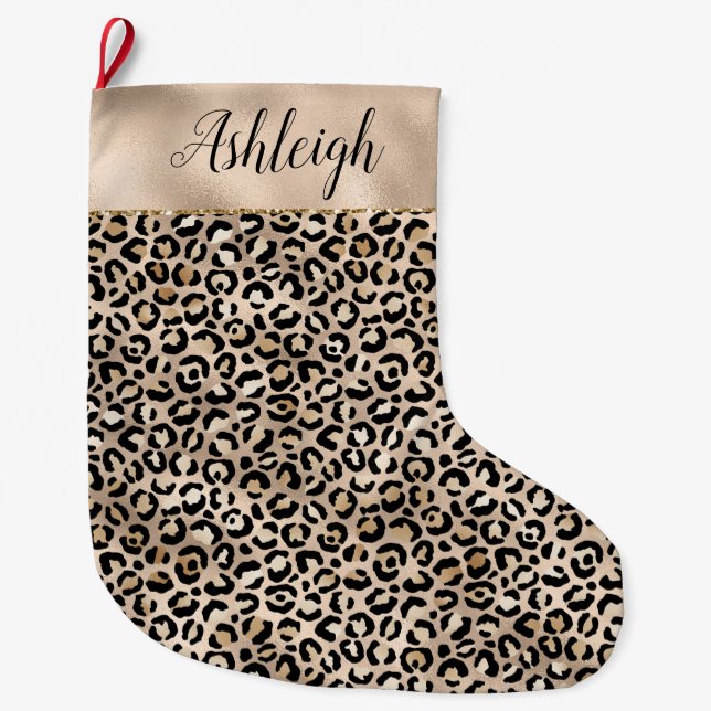 Glam Gold Leopard Print Large Christmas Stocking (Front)