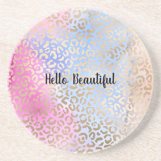 Glam Gold Leopard Print Pink Blue Peach Tie dye Coaster (Front)