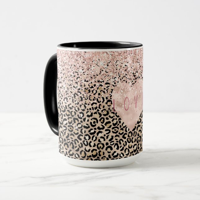 Glam Gold Leopard Print Pink Glitter Love Heart Mug (Front Left)