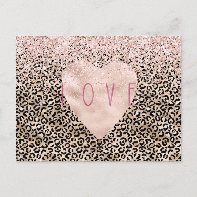 Glam Gold Leopard Print Pink Glitter Love Heart Postcard (Front)