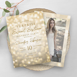 Glam Gold Lights Photo SURPRISE Sweet 16   Invitation