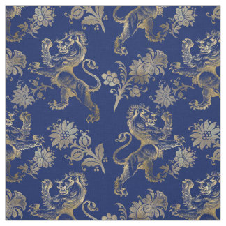 Glam Gold Lions Flowers Navy Blue Graphic Fabric