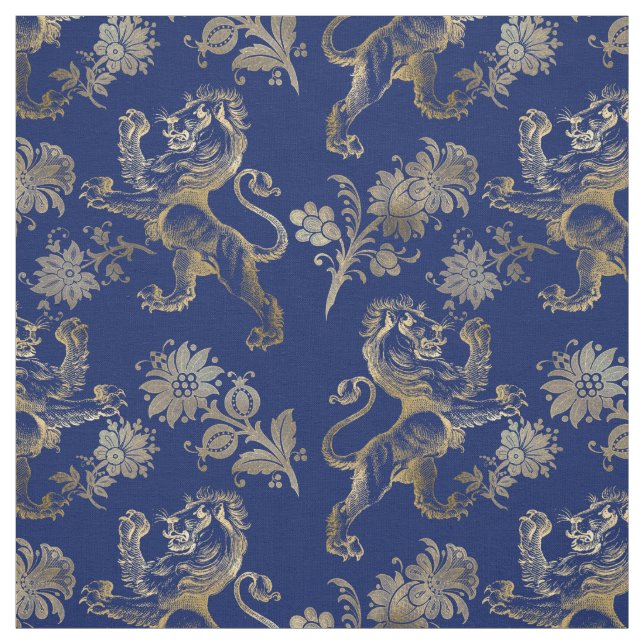 Glam Gold Lions Flowers Navy Blue Graphic Fabric (Swatch)