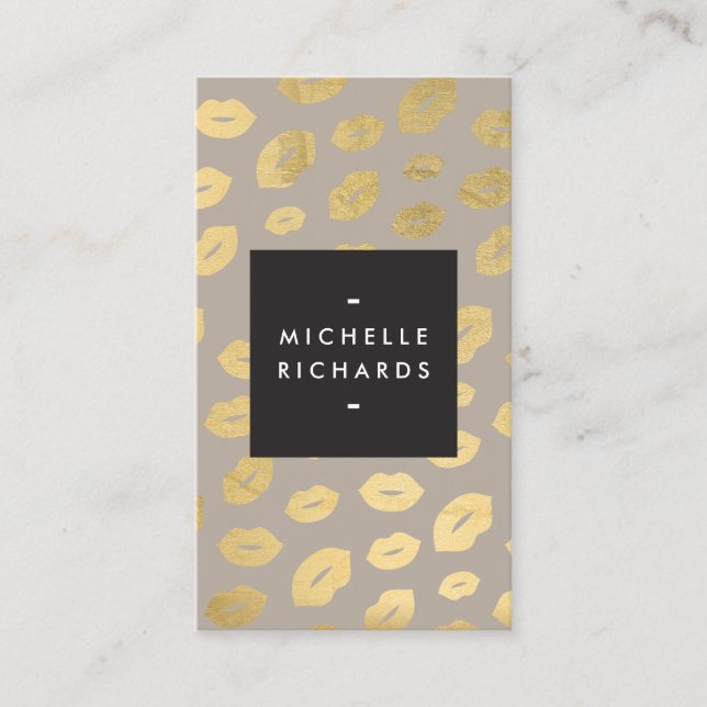 Glam Gold Lip Print Makeup Artist Beauty Grey Business Card (Front)