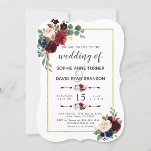 Glam Gold Merlot Navy Blue Floral Wedding Invitation