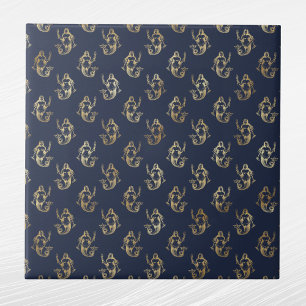 Glam Gold Mermaid Navy Blue Ceramic Tile