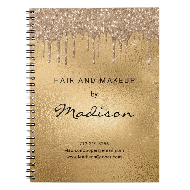 Glam Gold Metal Glitter Drip Hair And Makeup Noteb Notebook (Front)