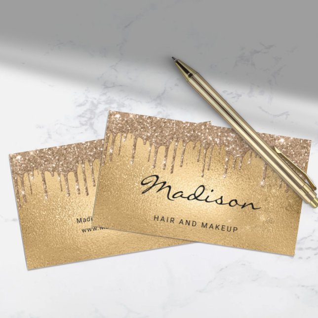 Glam Gold Metallic Glitter Drip Hair & Makeup Business Card (Glam Gold Metallic Glitter Drip Hair & Makeup Business Card)
