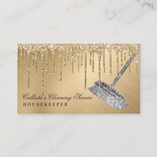 Glam Gold Metallic Glitter Drips Cleaning Service Business Card (Front)