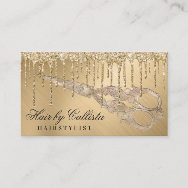 Glam Gold Metallic Glitter Drips Hair Scissors Business Card (Front)