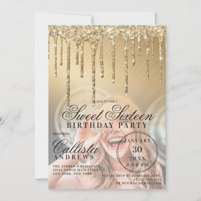 Glam Gold Metallic Glitter Drips Photo Sweet 16 Invitation (Front)
