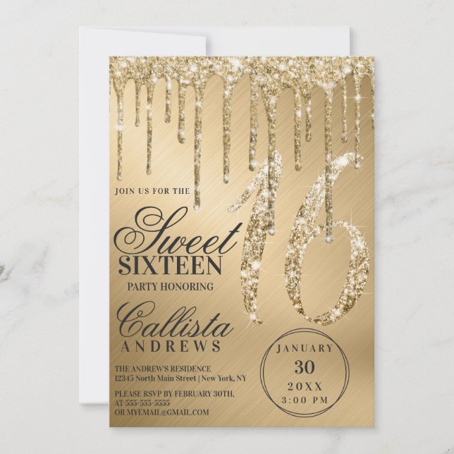 Glam Gold Metallic Glitter Drips Sweet 16 Invitation (Front)