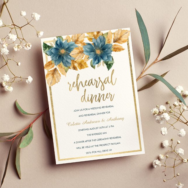 Glam gold navy blue green floral Rehearsal Dinner Invitation (Glam gold navy blue green floral Rehearsal Dinner)