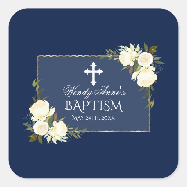 Glam Gold Navy Blue White Floral Baptism Invite Square Sticker (Front)