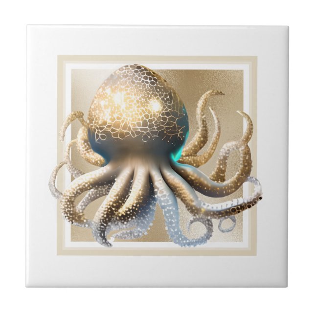 Glam gold octopus shimmer elegant beach theme ceramic tile (Front)