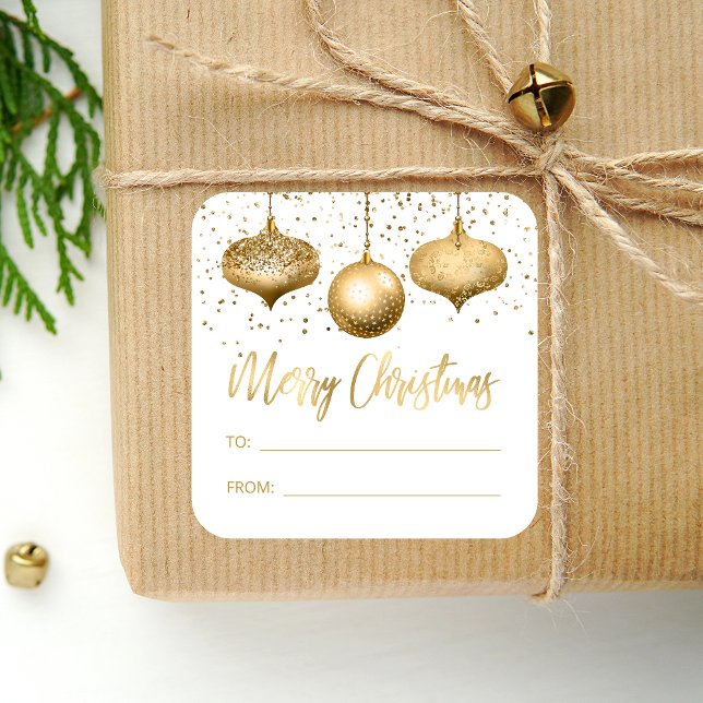 Glam Gold Ornaments Merry Christmas To From Square Sticker (Creator Uploaded)