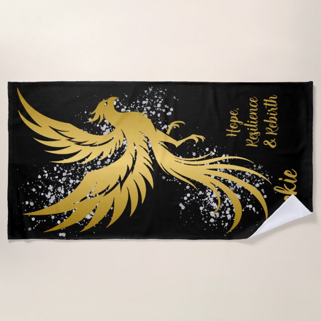 Glam Gold Phoenix Silver Glitter Monogram Black | Beach Towel (Front)