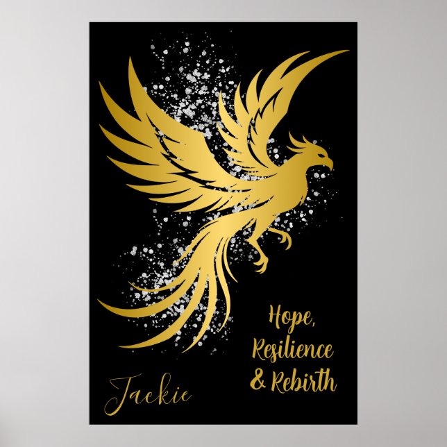 Glam Gold Phoenix Silver Glitter Monogram Black | Poster (Front)