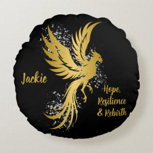 Glam Gold Phoenix Silver Glitter Monogram Black   Round Cushion