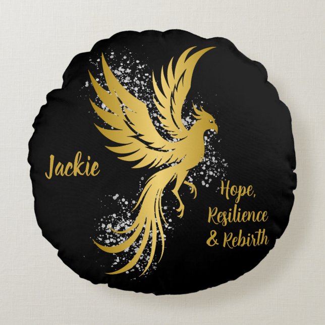 Glam Gold Phoenix Silver Glitter Monogram Black | Round Cushion (Front)