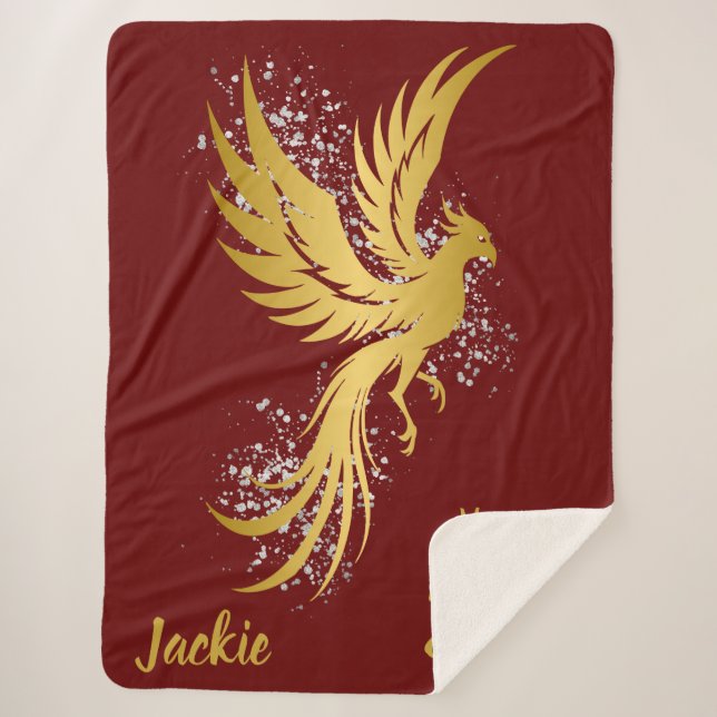 Glam Gold Phoenix Silver Glitter Monogram Maroon | Sherpa Blanket (Front)