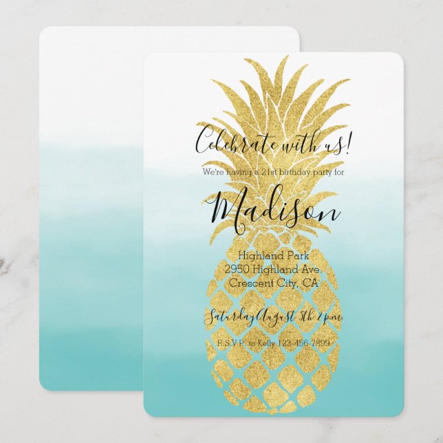 Glam Gold Pineapple Aqua Watercolor Ombre Invitation (Front/Back)