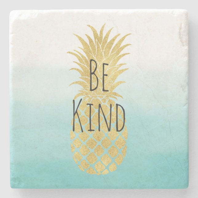 Glam Gold Pineapple Aqua Watercolor Ombre Stone Coaster (Front)