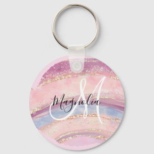 Glam Gold Pink Blue Gemstone Brush Stroke Monogram Key Ring