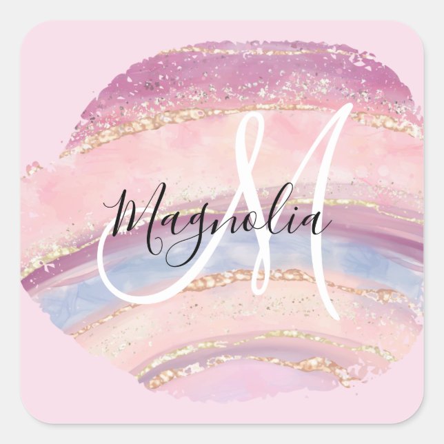 Glam Gold Pink Blue Gemstone Brush Stroke Monogram Square Sticker (Front)