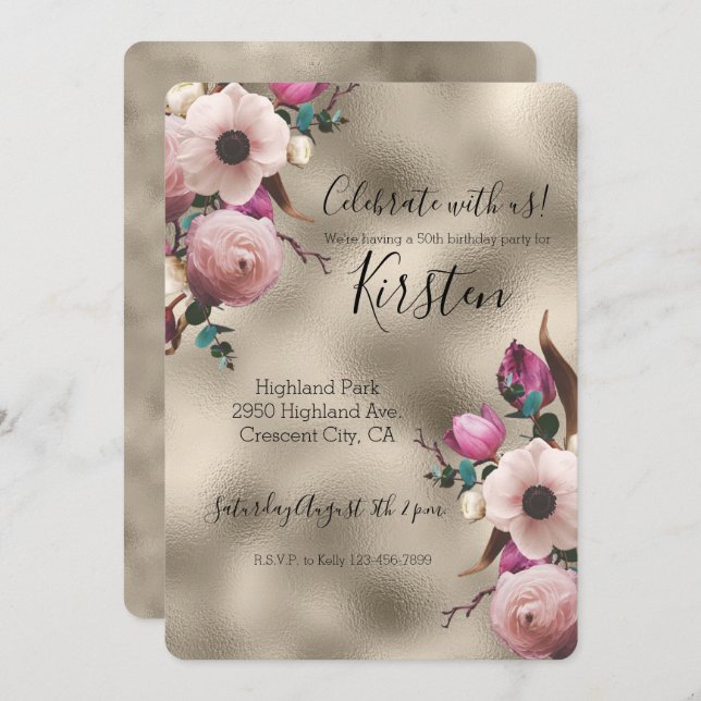 Glam Gold Pink Floral Invitation (Front/Back)