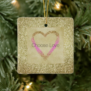 Glam Gold Pink Glitter Heart  Ceramic Ornament